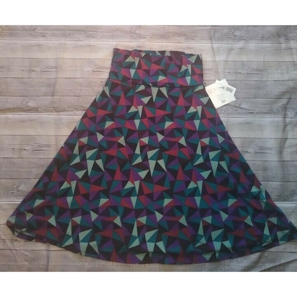 LuLaRoe Azure Skirt XS Womens Geometric Stretch Triangles Teal Purple Black NWT